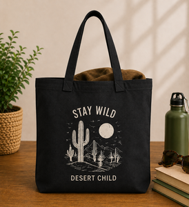Stay Wild Desert Child <b>Canvas</b> <b>Tote</b> Bag Black Large Customized Closure Top Handle Screen Print Design for Shopping & Travel - Product Image 3