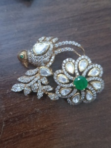 Broche unisexe en argent 925 plaqué or, faite à la main, en forme d'oiseau, avec pierre Polki doublette verte, pour bijoux et vêtements de mariage indien - Product Image 1