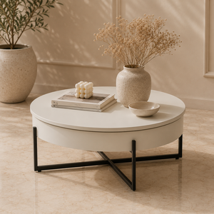 Premium <b>Round</b> Coffee <b>Table</b> White Laminate <b>Top</b> Black Metal Base Minimalist Modern Storage Living Room Furniture Custom requireme - Product Image 1