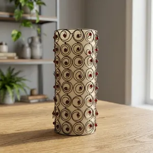 Metal Cylinder Votive <b>Candle</b> Holder With Spiral Wire And <b>Red</b> Beads Durable Home Decoration - Product Image 5