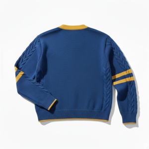 Cardigan en tricot bleu pour femme avec bordure jaune et logo sur la manche, style preppy, vêtement d'automne - Product Image 2