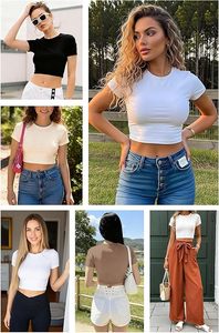 Blusa Casual de Mujer, Corte Recortado, Manga Corta, Cuello Redondo, Tejida, Color Sólido, Elástica, para Todas las Temporadas, Corte Regular, Cuello Redondo, Algodón con Spandex - Product Image 3