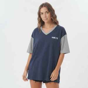 Hawk Eye Women's Navy Blue <b>V</b>-<b>Neck</b> <b>Oversized</b> <b>T</b>-<b>Shirt</b> Short Sleeve Color Blocked Loose Fit Cotton Jersey Top Spring Summer - Product Image 1