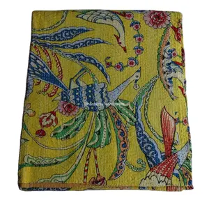 印度黄色手工印花棉Kantha被子漂亮家居装饰批发床罩