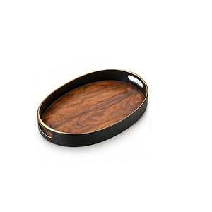 Plateau de rangement ovale en bois avec finition laquée noire, design minimaliste pour utilisation sur table, plateau simple pour servir boissons et aliments - Product Image 1