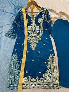 Conjunto de Salwar Kameez Azul Bordado para Mujer, Traje Étnico de Dos Piezas con Dupatta para Bodas y Fiestas - Product Image 5