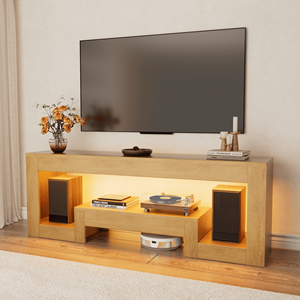 Mobile <span class=keywords><strong>TV</strong></span> Moderno <span class=keywords><strong>in</strong></span> Legno Naturale con Luci LED, Console Multimediale a 2 Ripiani con Vano Aperto per <span class=keywords><strong>TV</strong></span> fino a 65 Pollici - Product Image 1