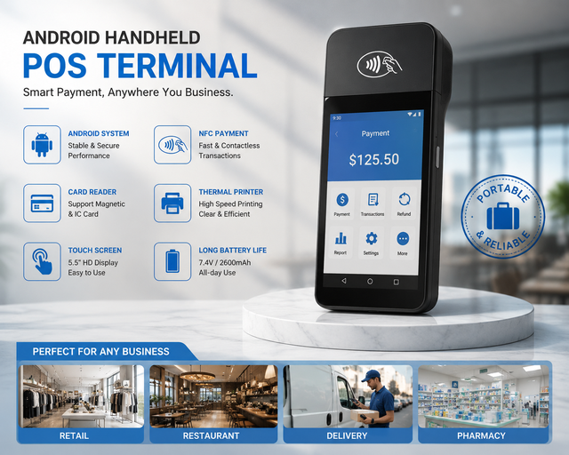 Portable Handheld POS Terminal with Thermal Card Reader and NFC Black| Custom OEM Manufacturing