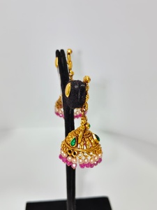 Antique 22k Solid Gold <b>Drop</b> <b>Earrings</b> Handcrafted Lakshmi Motif with Green <b>Emeralds</b> and Natural Pearls for Wedding Occasions - Product Image 3