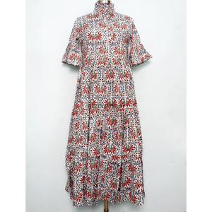 Wholesale Ladies Casual Daily Maxi Dress O-Neck Flare Sleeves Floral <b>Block</b> <b>Printed</b> Cotton Breathable Loose Fit Natural Waist - Product Image 1