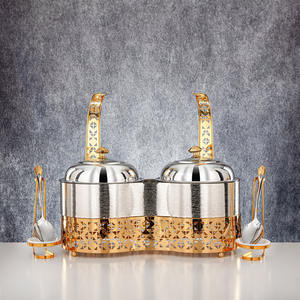 Calentador de Comida Tipo Buffet Doble Redondo de Lujo en Plata y Oro con Base Cortada con Láser y Tapas Colgantes para Catering de Bodas - Product Image 1