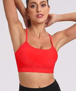 Soutien-gorge de sport sans couture pour femme, col rond, bretelles spaghetti, maintien moyen, pour yoga et activités sportives, couleur unie noire - Product Image 4