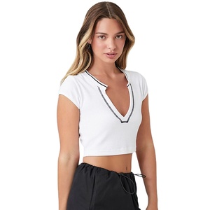 Crop tops pour femmes de haute qualité, couleur unie personnalisée, col rond, coupe ajustée, manches courtes, respirants, pour l'été, style formel, très vendus - Product Image 4