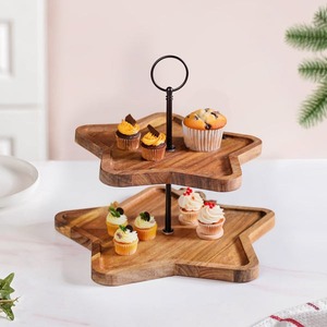 Charming Two Tier Wooden <b>Cake</b> <b>Stand</b> Featuring Star Shaped Trays & A Black Metal Stem With A Ring Handle For Serving & Decoration - Product Image 5