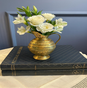Charming brass pitcher <b>vase</b> with a spout and handle, featuring horizontal ribbed bands. Available at wholesale price. - Product Image 1