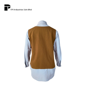 Chemisier à rayures bleues caramel, col boutonné, haut modeste, vente directe fabricant, pour tenue de travail formelle, vendeur Malaisie - Product Image 2