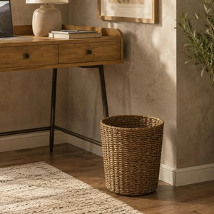 Brown Rattan Waste <b>Bin</b> Woven Garbage Basket Decorative Trash Can with Handle Cover & Open for Home Hospital Kitchen Office - Product Image 2