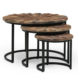 Ensemble de trois tables basses gigognes en bois recyclé massif, plateau rustique, base en métal, finition industrielle noire et naturelle, pour salon - Product Image 1