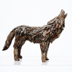 Handcrafted <b>wooden</b> howling wolf sculpture <b>rustic</b> teak driftwood animal statue home living room floor decoration frame space unit - Product Image 1