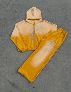 Wholesale Price Rhinestone Zip Hoodie and Wide-Leg Sweatpants Set Studded Trim <b>Tracksuit</b> Unisex <b>Y2K</b> - Product Image 2