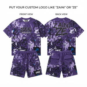 Conjunto de Camiseta y Pantalones Cortos para Hombre, 240 GSM, Algodón Premium, Felpa Francesa, Estampado de Grafiti Morado, Logotipo Personalizado, OEM, ODM, Ropa Urbana - Product Image 1