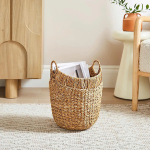 Round Vintage Woven Seagrass Handmade Eco-Friendly Storage <b>Basket</b> with Handles Multi-Purpose Home Organizer for Living Room - Product Image 3