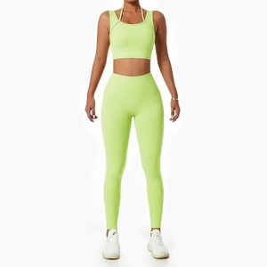Ensemble de yoga 2 pièces bleu clair pour femme : Crop top dos nageur et leggings taille haute sans couture extensibles – Tenue de sport - Product Image 3