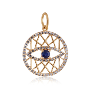 Pendentif œil en or jaune 14 carats avec saphir bleu et diamant naturel, bijoux fins faits à la main, vente en gros - Product Image 1