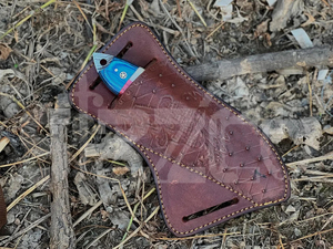 Couteau de chasse OEM Wirecut en acier Damas, couteau à dépecer, lame fixe avec manche en bois, couteau de camping et d'extérieur EDC avec étui en cuir - Product Image 5