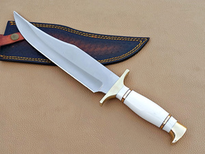 Couteau Bowie à lame fixe en acier inoxydable sur mesure, couteau de chasse d'extérieur, fourreau en cuir, manche blanc, pommeau doré - Product Image 3