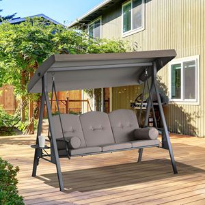 Dondolo da Giardino a 3 Posti in Acciaio Marrone con Tettuccio e Vassoi Laterali, Design Moderno, Comodo per Veranda - Product Image 2