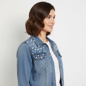 ELINE SPORTS Custom Logo Pearl Embellished Streetwear Denim <b>Jacket</b> <b>Women</b> 100% Cotton Breathable Regular Fit Spring Vintage - Product Image 2