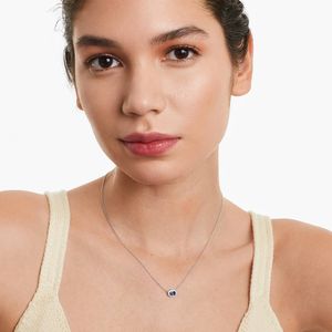 East-West Blue Sapphire Halo <b>Necklace</b> in White Gold Horizontal Oval Sapphire Pendant with Diamond Halo September <b>Birthstone</b> - Product Image 2
