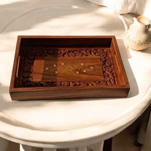 ถาดเสิร์ฟไม้ทำมือ ถาดตกแต่งลายดอกไม้ ถาดจัดระเบียบในครัวไม้ ถาดเสิร์ฟไม้ทรงสี่เหลี่ยม - Product Image 6