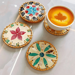 best eco-friendly mother of pearl <b>woven</b> rattan placemats and seagrass <b>coasters</b> round shape chargers for vintage living space - Product Image 4