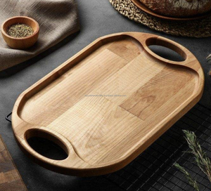 Venta al por mayor de bandejas de servicio de madera natural manijas bandejas redondas con asa estilo de madera Impresión de grado alimenticio - Product Image 5
