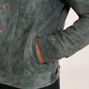 <b>Men's</b> Green <b>Suede</b> Leather <b>Jacket</b> Casual Autumn Wear Turn-down Collar Regular Fit Single Button Closure - Product Image 2