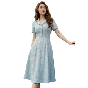 Ready To Ship Elegant Women’s Pastel Blue Collared Shirt Dress With Short Sleeves And Flowing Midi <b>Skirt</b> - Product Image 1