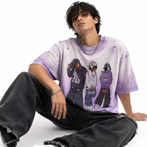 Camiseta Oversize de Algodón Morado con Estampado de Personajes y Pedrería, Estilo Urbano, Manga Corta y Cuello Redondo para Hombre - Product Image 6