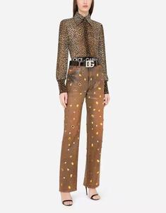Jeans de Mezclilla de Cintura Alta y Pierna Recta con Estampado Dorado, Estilo Casual de Algodón para Otoño, para Mujer - Product Image 6