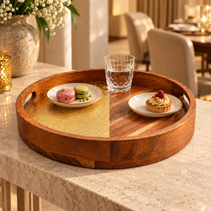 Plateau de service rond en bois naturel émaillé |   Plateau de table décoratif à accents dorés avec poignées découpées, ensemble de service pour la maison et la cuisine, idéal comme cadeau - Product Image 2