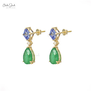 Ready Stock 14K Solid Gold Dual Gemstone Dangle <b>Earrings</b> Real Emerald Drop & Tanzanite <b>Top</b> <b>Earrings</b> 0.12CTW Fine Diamond Jewelry - Product Image 2