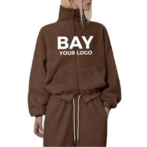 Sudadera moderna marrón para mujer con cremallera, sin capucha, estilo cropped, oversize, de forro polar grueso, conjunto de chándal, ropa al por mayor - Product Image 1