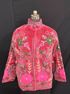 Designer Pink <b>Velvet</b> Embroidered <b>Jacket</b> Floral Kashmiri Style Winter Coat High Neck Boho Cardigan <b>Women</b> Outerwear Wear - Product Image 1