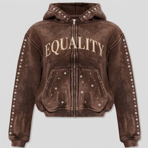 Sweat à capuche zippé intégral en molleton délavé personnalisé de qualité supérieure avec manches ornées de strass et imprimé graphique « Equality » pour femme - Product Image 5