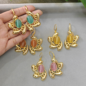 Women's Fashion Jewelry Cat's Eye Oval Gemstone <b>Dangle</b> Drop <b>Earrings</b> Brass 18k <b>Gold</b> Plated Designer Statement Wholesale <b>Earring</b> - Product Image 5