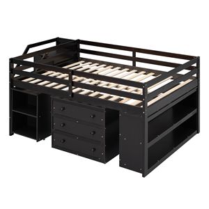 Letto a soppalco in legno Espresso con scrivania estraibile a tutta altezza e 3 cassetti, letto per bambini con scale contenitore e scaffali - Product Image 4