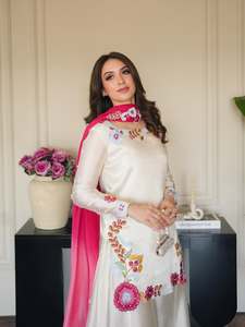 Designer Party Wear Embroidered And Moti Work Roman Glass Silk <b>Top</b> With Bottom And Dupatta Fully Stitched Ready Made Set - Product Image 2