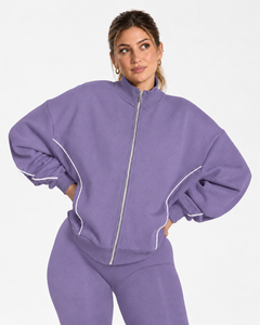OEM <b>Women's</b> Contrastline Full Zip Tracksuit Two Piece Casual Outfit Relaxed <b>Jacket</b> And Wide Leg Pants Matching Apparel Set - Product Image 3
