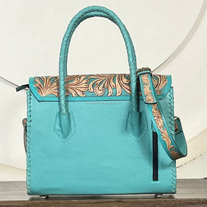 Sac fourre-tout en cuir véritable turquoise Western 2026 pour femme, fait main, avec motifs floraux gravés et bandoulière - Product Image 5